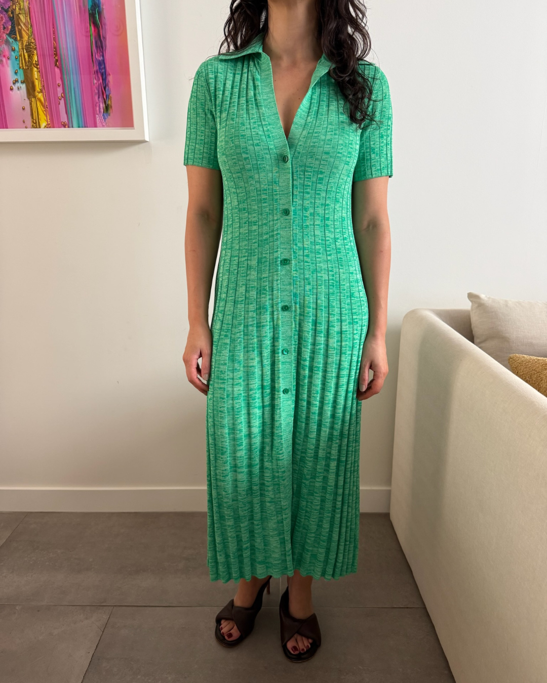 Scanlan Theodore Pleated Rib Placket Dress Emerald Green - Size XS