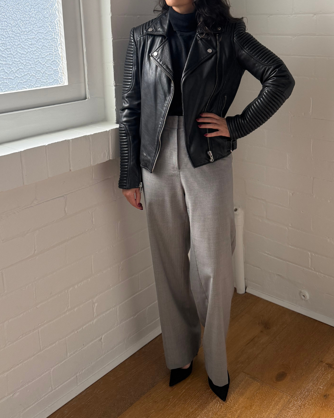 Witchery Black Biker Leather Jacket - Size 8