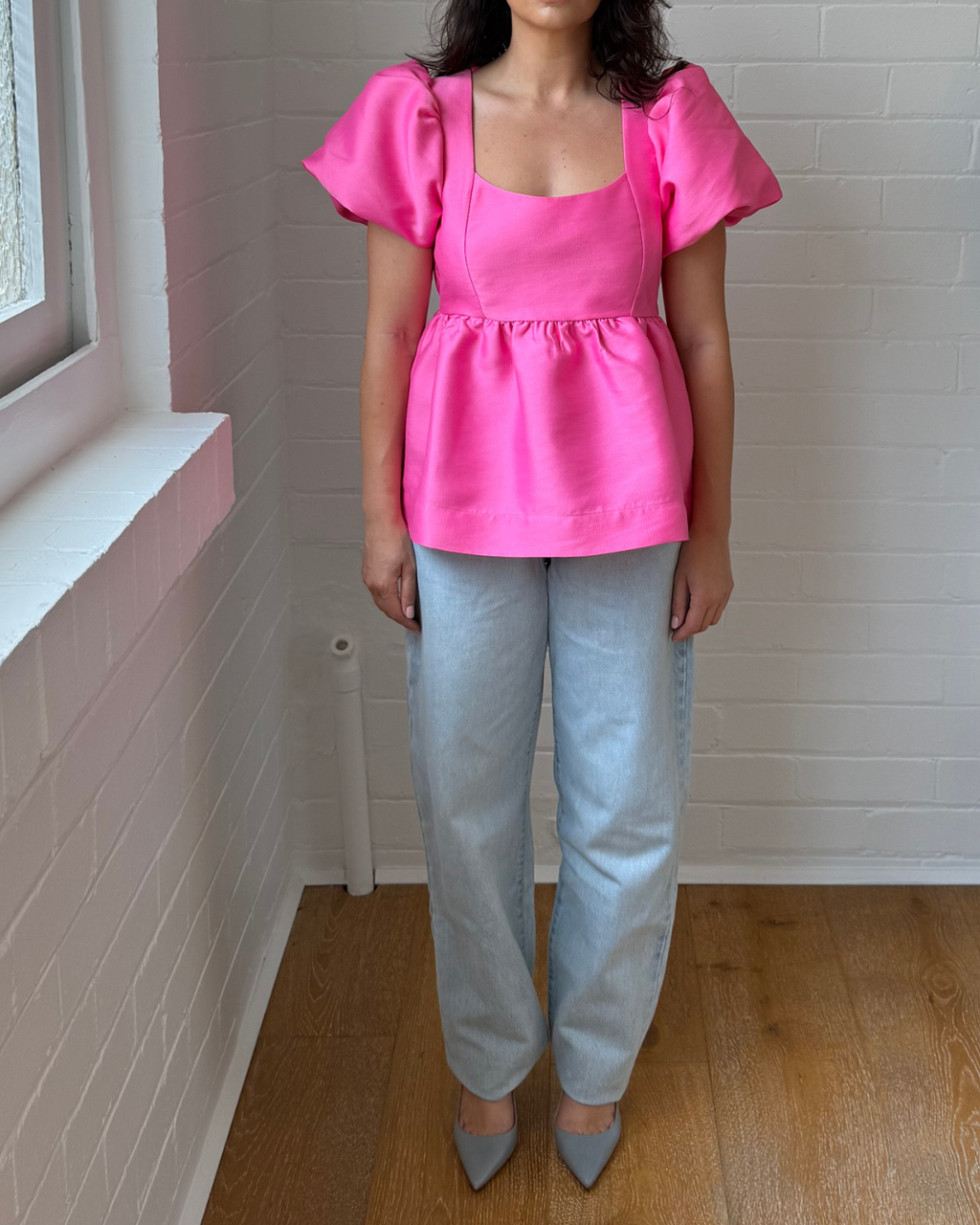 Aligne Allanah Puff Sleeve Peplum Satin Top - Size 8