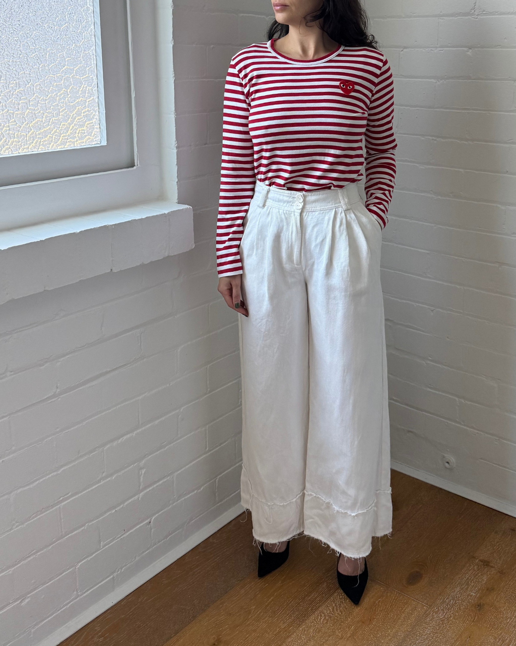 COMME des GARÇONS Striped Cotton Red Emblem Tee - Size Medium