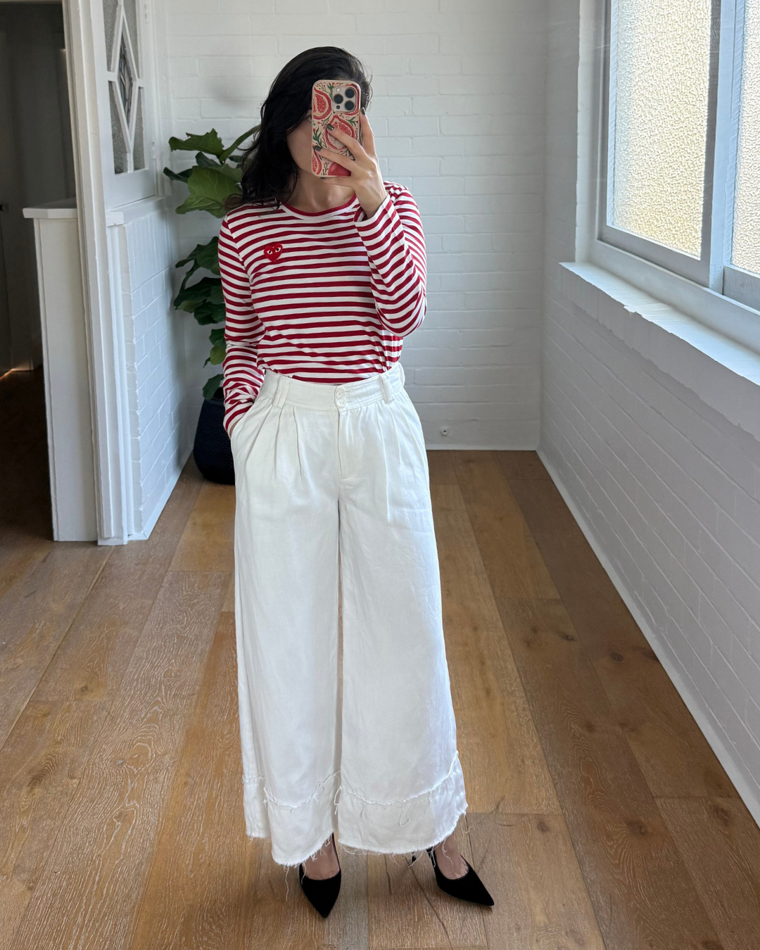 COMME des GARÇONS Striped Cotton Red Emblem Tee - Size Medium