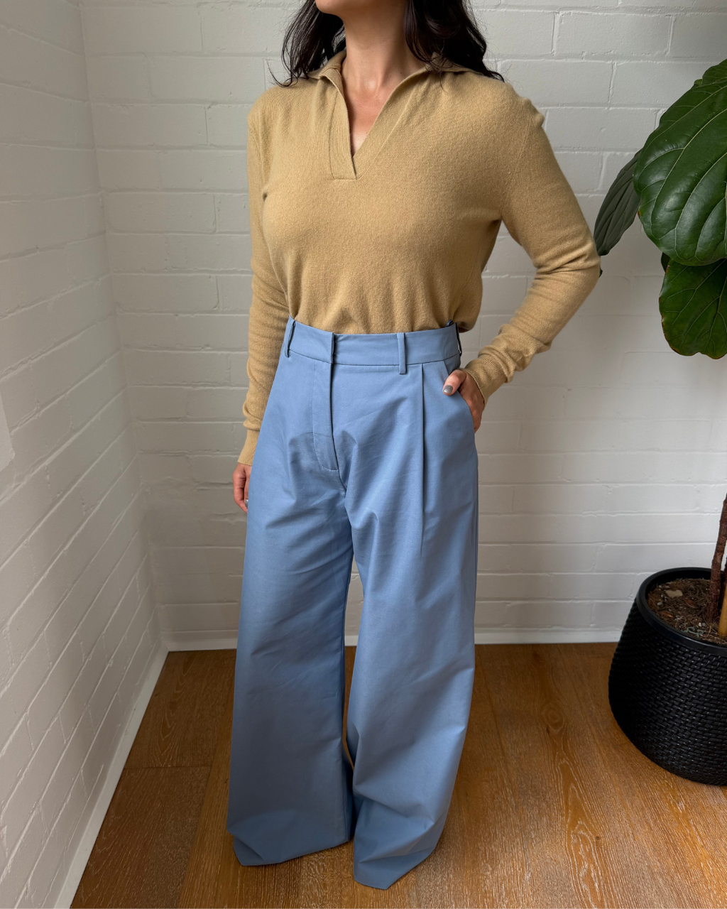 Anna Quan Pleated Cotton Blend Twill Wide Leg Pants - Size 8