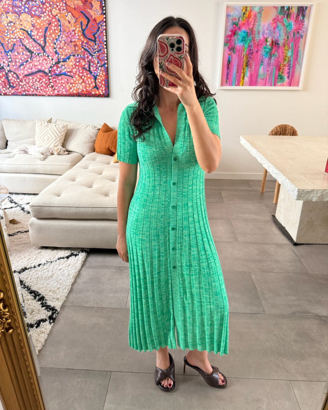 Scanlan Theodore Pleated Rib Placket Dress Emerald Green - Size XS