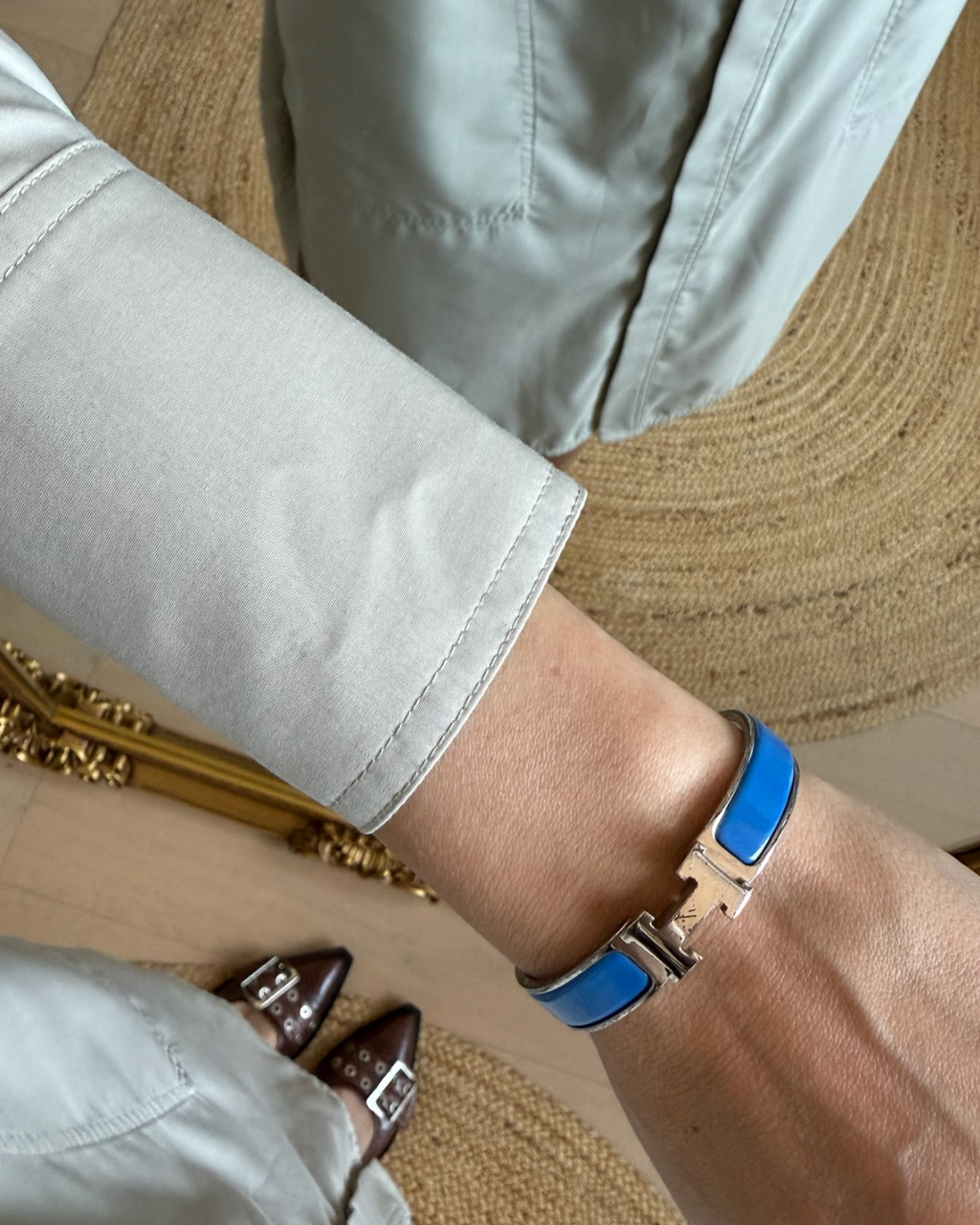 Hermes H Bangle Clic Clac Bracelet Silver Blue - Size PM (56mm)