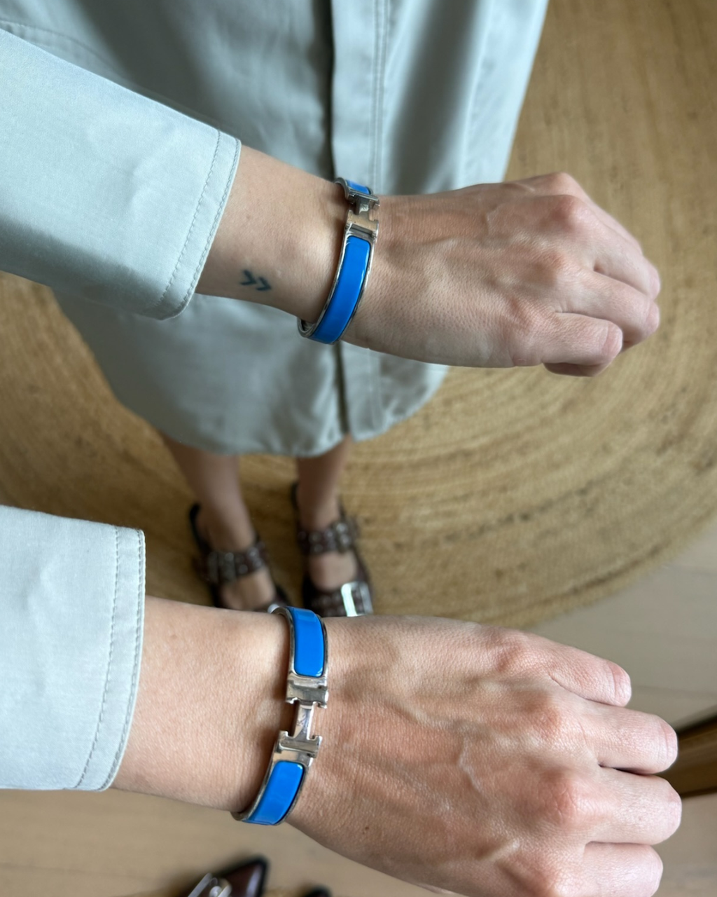 Hermes H Bangle Clic Clac Bracelet Silver Blue - Size PM (56mm)