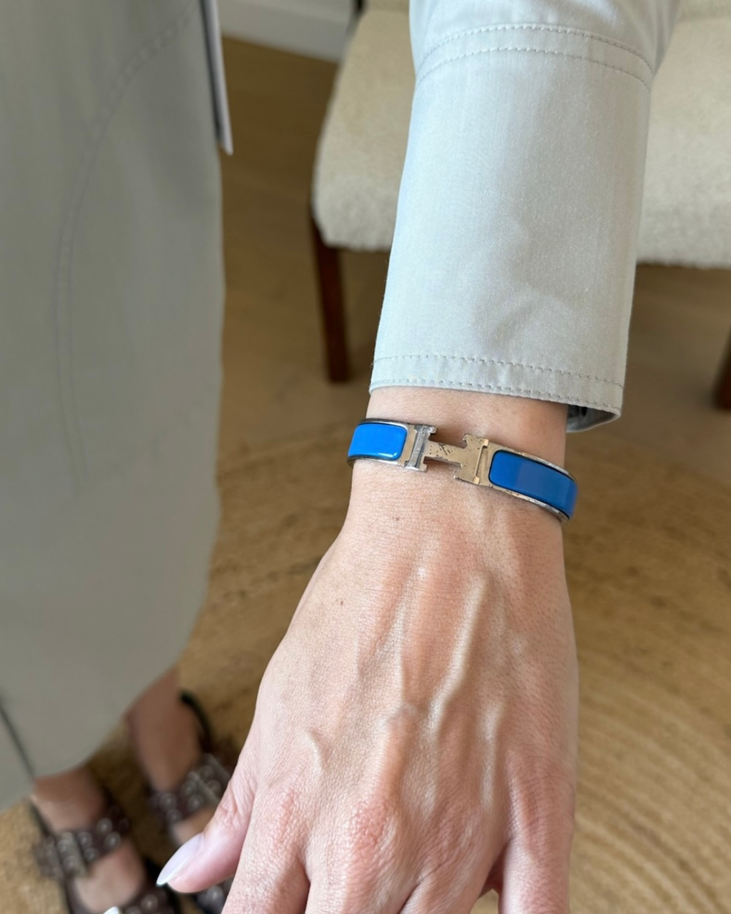 Hermes H Bangle Clic Clac Bracelet Silver Blue - Size PM (56mm)