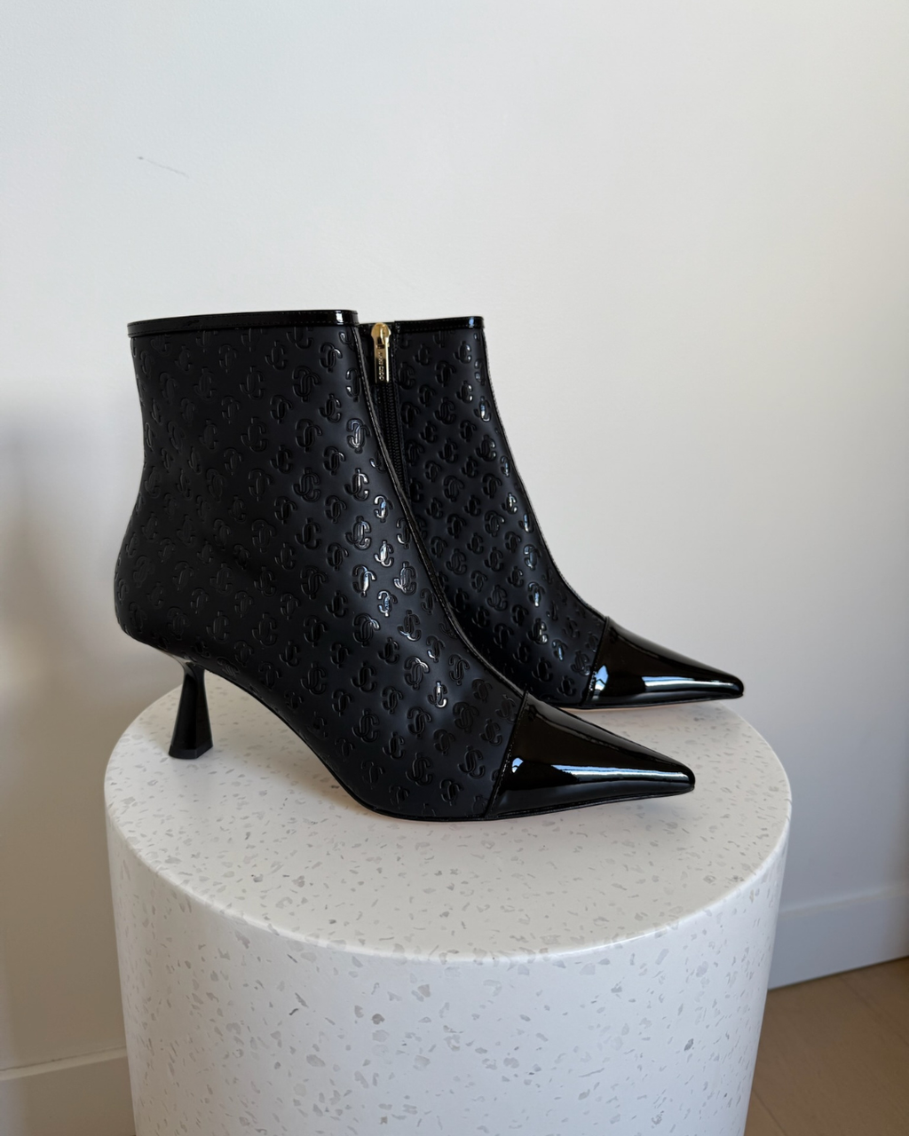 Jimmy Choo Black Patent JC Monogram Ankle Boots- Size 41.5