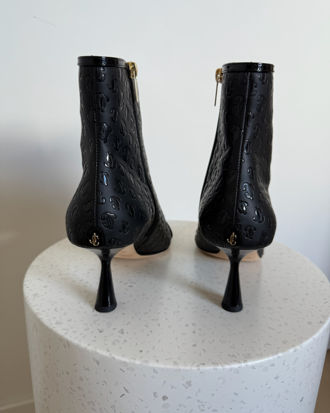 Jimmy Choo Black Patent JC Monogram Ankle Boots- Size 41.5