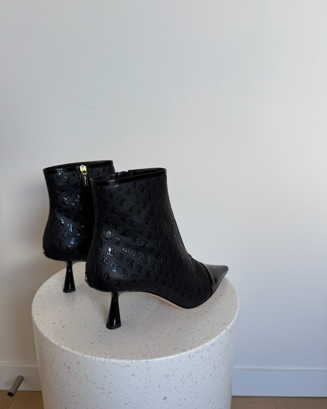 Jimmy Choo Black Patent JC Monogram Ankle Boots- Size 41.5