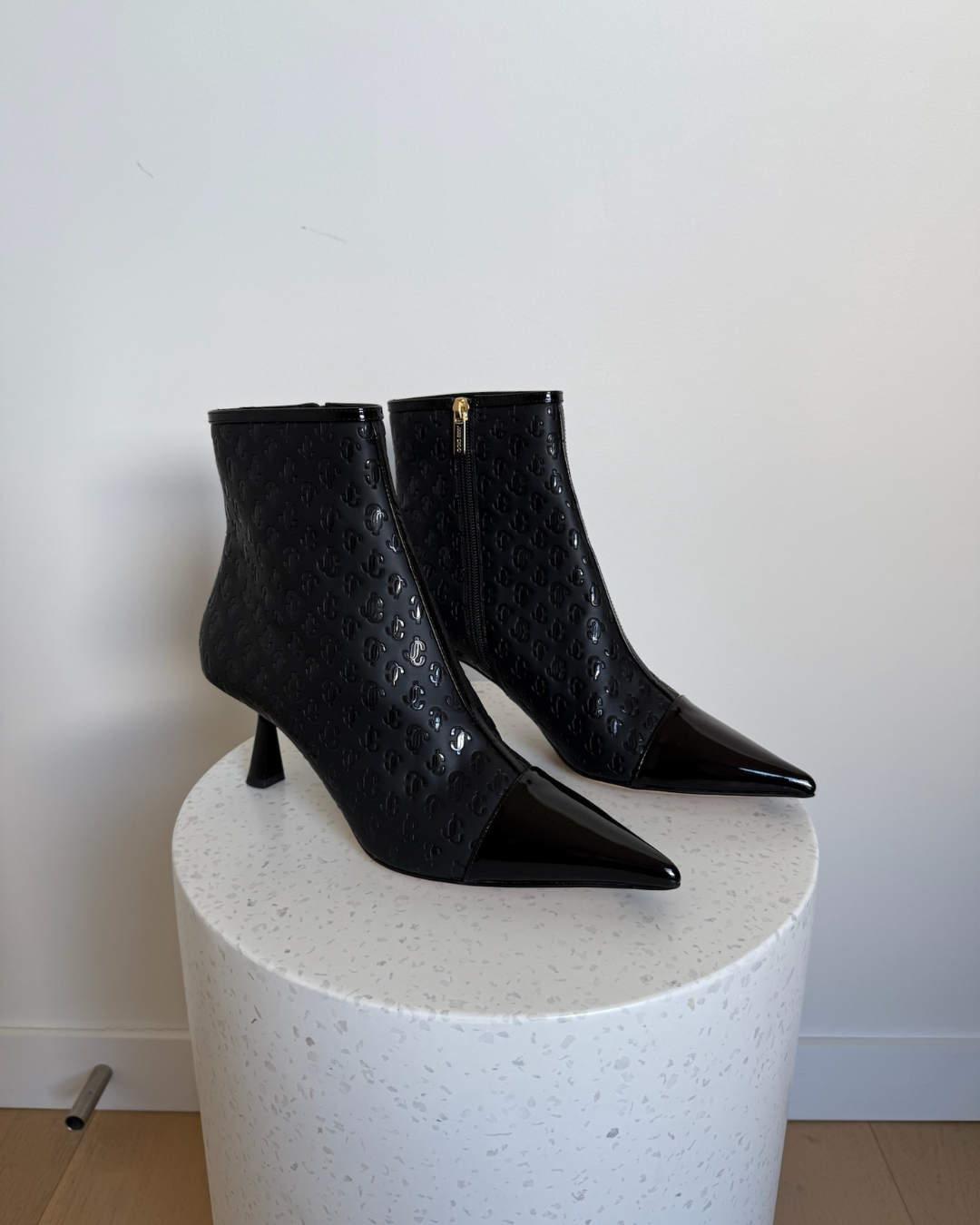 Jimmy Choo Black Patent JC Monogram Ankle Boots- Size 41.5