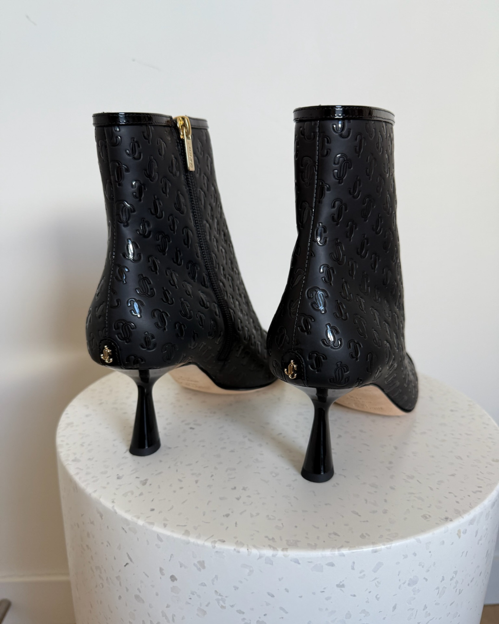 Jimmy Choo Black Patent JC Monogram Ankle Boots- Size 41.5